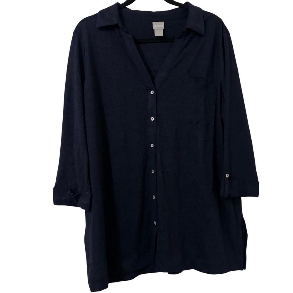 Chicos Knit Top Linen Button Shirt Tunic Navy Blue 3 XL 570327050 NWT